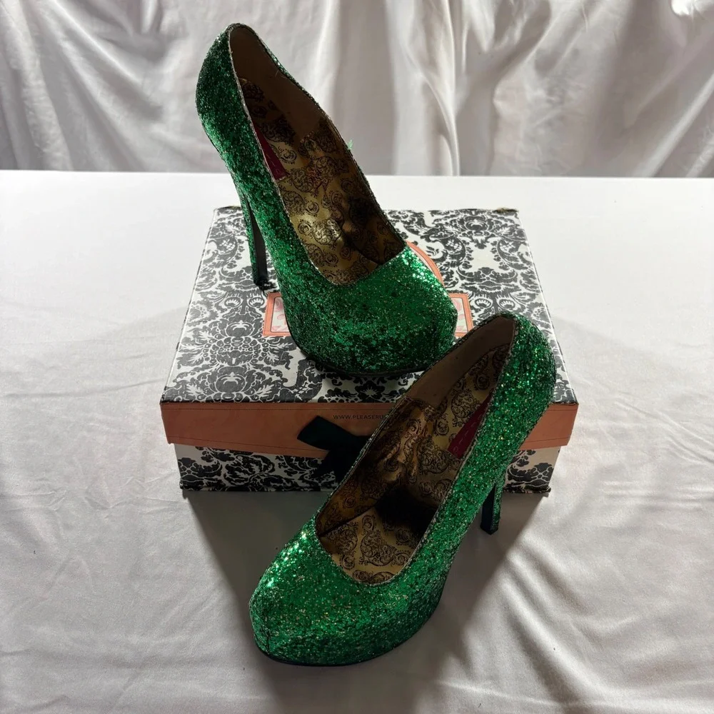 Bordello Teeze-06G Green Glitter Platform Pumps Womens 9 Burlesque Stiletto Heel
